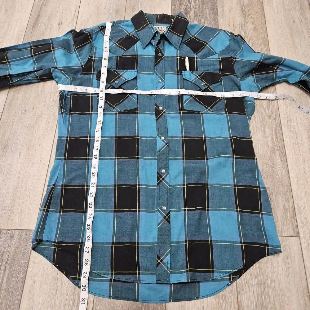 Ely Cattleman Vintage Pearl Snap Western Shirt Plaid Blue Men's Medium